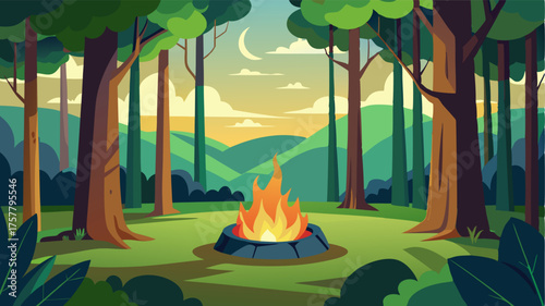 A quiet forest glade filled with towering trees dappled sunlight and a cozy fire pit perfect for roasting marshmallows during a countryside picnic.