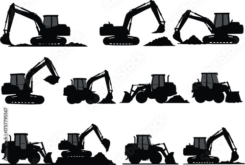 Construction vehicle silhouette icons, excavator and loader poses, earth-moving equipment, black vector set, cad drawing flat vector illustration