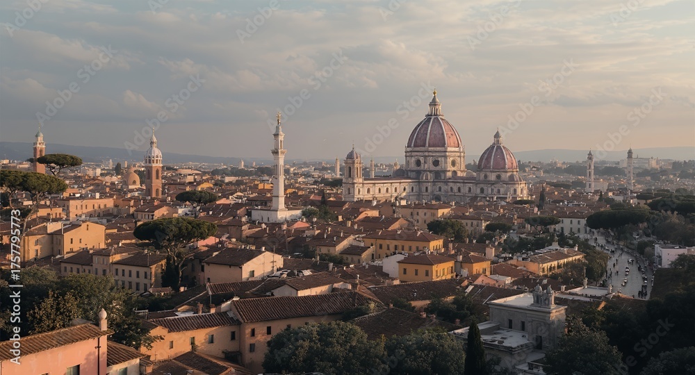 Fototapeta premium Expansive aerial cityscape featuring a captivating skyline of terracotta rooftops, grand domed structures, and elegant towering spires under a soft, atmospheric sky. This picturesque view highlig
