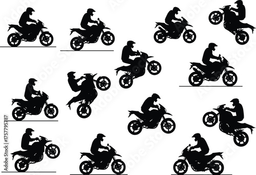 Motorcycle rider silhouette icons, stunt and riding poses, helmet safety motion, black vector set, cad drawing flat vector illustration