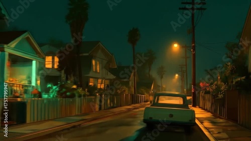 Nighttime street scene with houses and car illuminated by streetlights