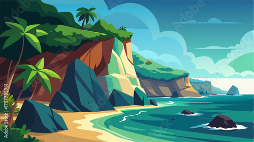A rocky coastline on a tropical island with dramatic cliffs covered in lush greenery and a small secluded beach lapped by gentle waves.