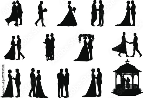Wedding couple silhouette icons, romantic poses in ceremony, bride and groom moments, black vector set, cad drawing flat vector illustration