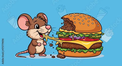 Cartoon mouse eating a giant hamburger enjoying delicious junk food on a blue background with fast food icons perfect for food blog illustrations.
