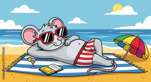 Cartoon mouse enjoying beach vacation sunbathing on a towel with a cocktail book and umbrella perfect for summer holiday themes and relaxation.