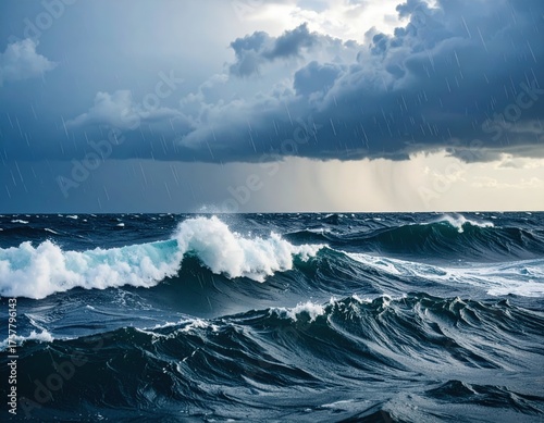 Dramatic Ocean Waves Under Stormy Sky with Rain and Dark Clouds