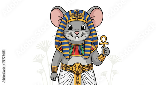 Cartoon mouse pharaoh holding an ankh a symbol of immortality wearing traditional egyptian clothing on a white background suitable for childrens books.