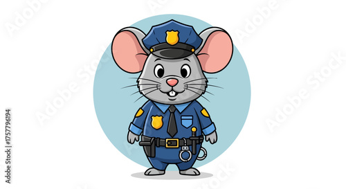 Cartoon mouse police officer character standing ready for duty in blue uniform for childrens education and whimsical design projects.