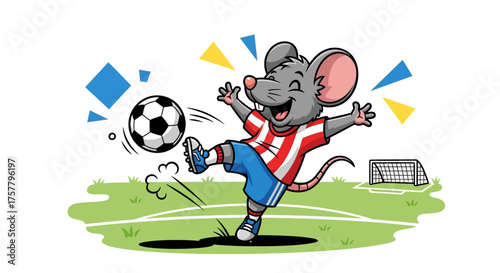 Cartoon mouse playing soccer kicking the ball on a green field with a goal in the background perfect for kids sports illustrations and animations.