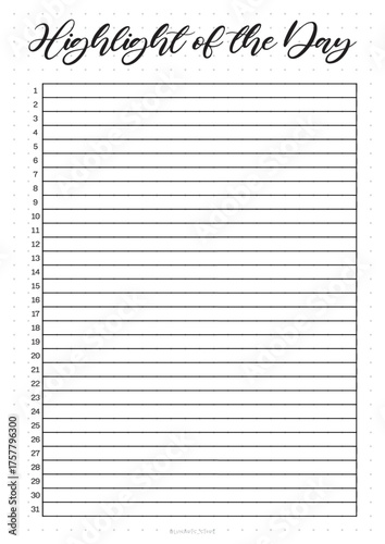 Highlights of the day Bullet Journal Printable Planner Page Template, Vector Illustration, A4 and A5 Sizes, Hand Drawn Doodle Style. Planner pages bullet journal A5 A4 format.