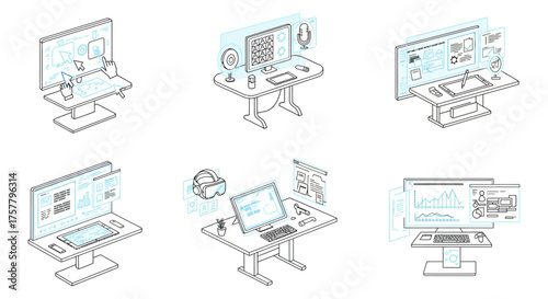 futuristic workstation showcasing hud interface for data analysis  collaboration in a high-tech setup ideal for it solutions and tech integration