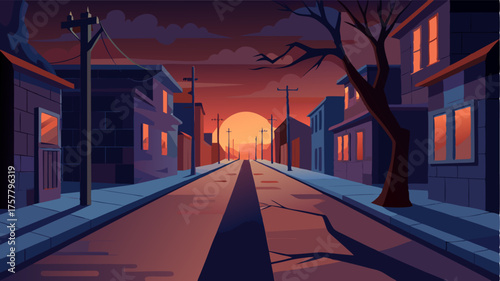 A deserted street at dusk the shadows growing longer and creating an eerie atmosphere.