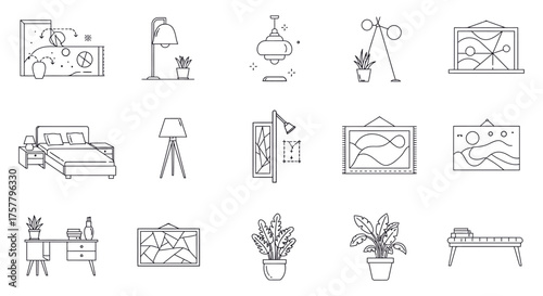 interior design icons for a modern home illustrating home decor planning and stylish furniture concepts great for design blogs and real estate ads.