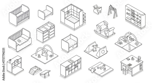 isometric baby room furniture cribs changing table play gym and toy storage create a nursery environment for childcare and baby products.