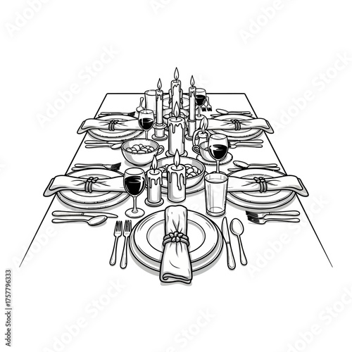 A black and white line art illustration of a formal dining table set for a festive Thanksgiving holiday dinner with candles and place settings