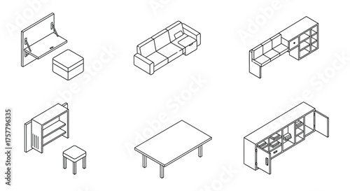 isometric furniture creating a living room layout with a modular sofa and wall-mounted desk for interior design projects offering versatile solutions