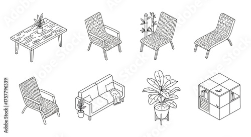 isometric furniture cozy living room setup with sofa chairs and plants perfect for interior design concepts and home decor inspiration promoting comfort