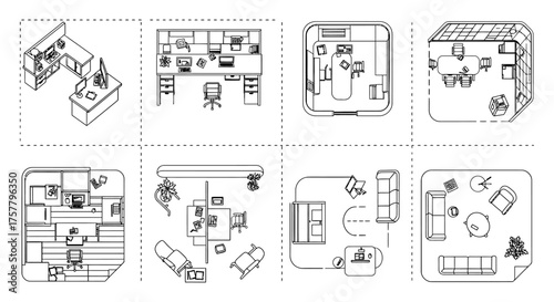 office space planning layout designs presenting modern workplace blueprints illustrating interior architecture concepts ideal for architects and interior designers.