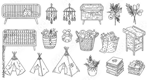 Cute baby room decoration drawings nursery furniture teepees and toys in a black and white line art style for childrens design projects.