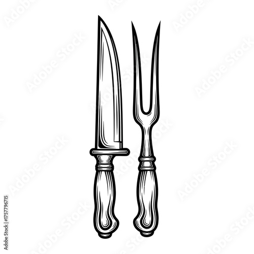 Thanksgiving carving set A detailed illustration of a knife and fork for slicing turkey at Thanksgiving dinner