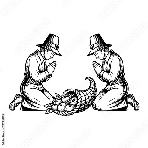 Thanksgiving Gratitude Two Pilgrims Praying Beside a Cornucopia, Symbolizing Abundance and Blessings