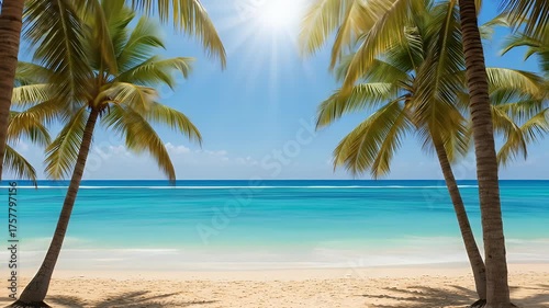 Sun-Kissed Tropical Paradise: Gentle Ocean Waves on a Sandy Beach Framed by Palm Trees