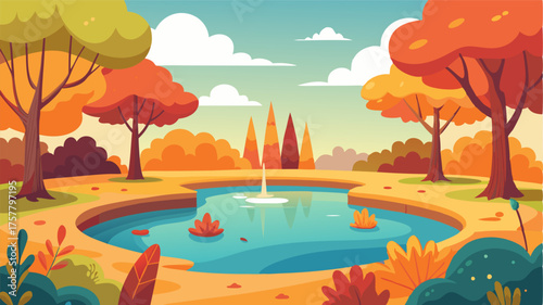 A peaceful pond surrounded by trees whose leaves have transformed into a stunning array of warm colors providing a serene escape in the autumn city park.