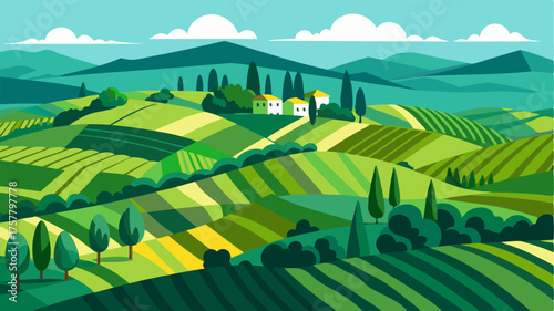 A patchwork of colors blankets the Mediterranean hills with bright green vineyards and silvery green olive groves dotting the landscape.