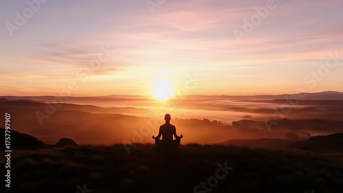 Serene Silhouette Meditating at Sunrise Over Misty Valley Landscape Serene Person in Lotus Pose on Hilltop Embracing Golden Hour Light with Vibrant