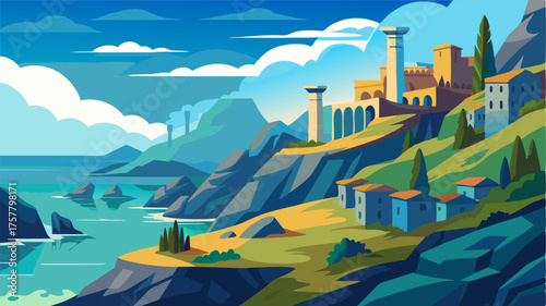 A picturesque coastal landscape with towering cliffs overlooking the sea dotted with ruins of an ancient port city that thrived on trade and commerce.