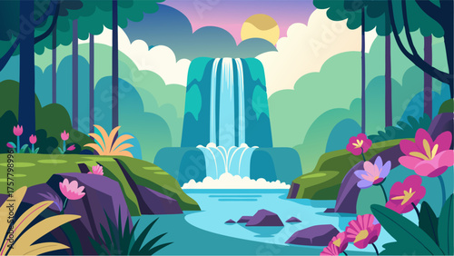 A peaceful haven of cascading waterfalls and serene ponds framed by towering ferns and blooming orchids.