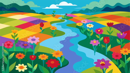 A patchwork of wildflowers blanketing the riverbank in a sea of color like a painting come to life.