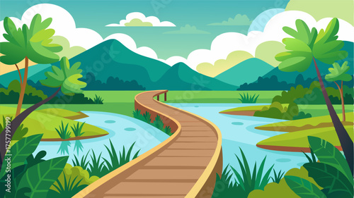 A meandering boardwalk surrounded by lush greenery and scenic wetlands providing a tranquil escape from the hustle and bustle of city life.