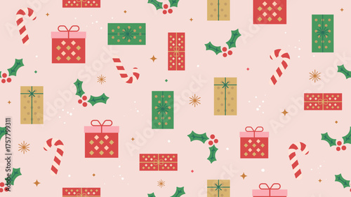 Seamless festive pattern with colorful Christmas gifts and candy canes on soft pink background