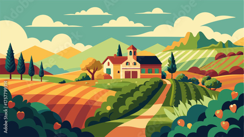 A picturesque landscape of a quaint farmhouse surrounded by sprawling vineyards and orchards.