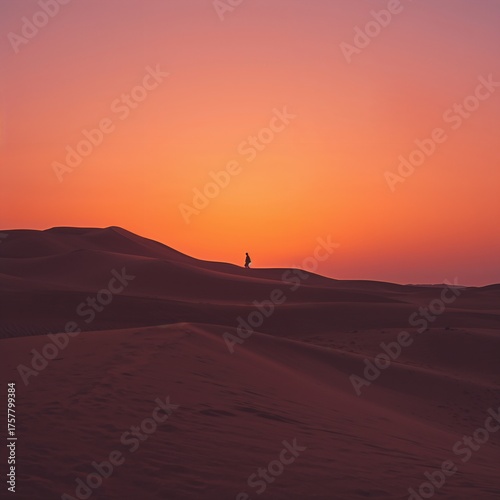 Stunning desert landscape at sunset with solitary figure walking into the distance, inspiring adventure and exploration in a warm, vibrant environment