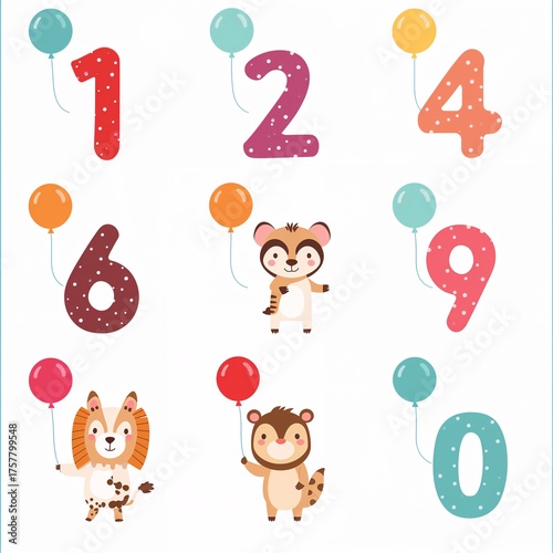 Adorable animals and colorful numbers with balloons for vibrant educational materials or kids' birthday invitations that are fun and playful