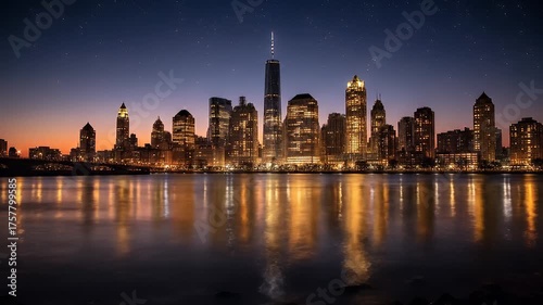 Majestic Manhattan Skyline at Dusk Transitioning into Night With a Serene Water Reflection of Illuminated Skyscrapers and a Vast Starry Sky Above the
