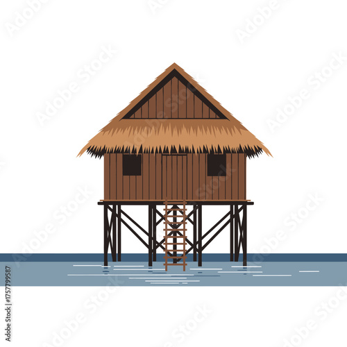 hut water house stage brown wooden sky lake