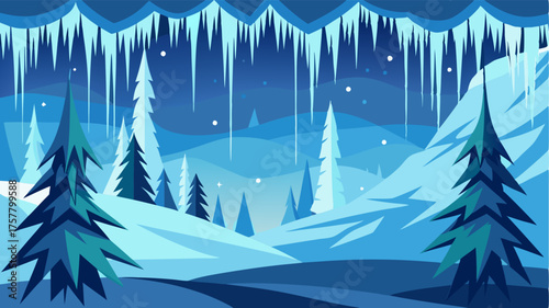 A frozen wonderland with sparkling icicles hanging from the branches of frosted evergreens.