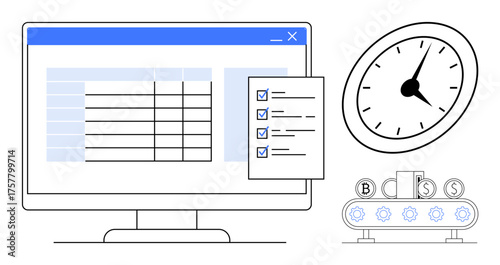Computer displaying task checklist alongside a clock and an automated conveyor belt processing tasks. Ideal for productivity, time management, workflow automation, efficiency, organization, planning