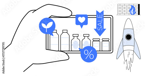 Hand holding smartphone showing bottles, eco sprout, heart, discount tag, and growth icons. Ideal for e-commerce, sustainability, sales marketing SEO innovation digital growth. Simple flat