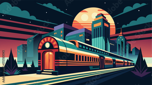 A bustling Art Deco train depot complete with sleek lines and neon lights.