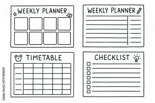 Weekly planner templates with checklist and timetable in sketch style  
