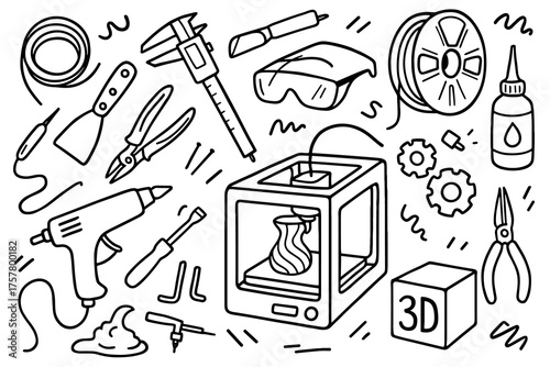3D printer and tools illustrated in a creative doodle style  