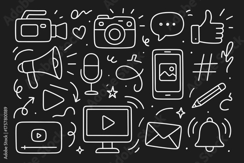 Hand-drawn communication icons on black background for digital media  