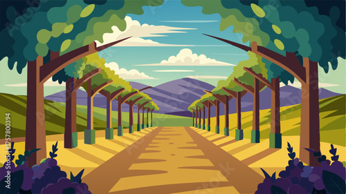 A canopy of grapevines overhead creating a natural tunnel that leads to a hidden winery nestled in the heart of the rural landscape.