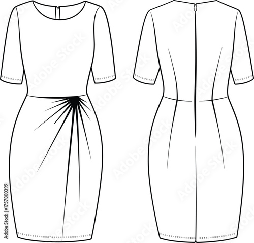 Elegant women’s fitted dress fashion flat sketch, short sleeve pencil dress technical drawing, stylish apparel design template, modern clothing illustration, vector fashion design