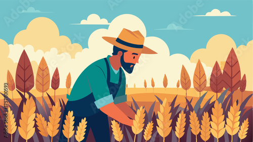 A farmer tending to his crops in the early morning light surrounded by rows upon rows of ripe wheat ready for harvest.