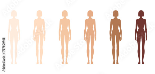 Set of Female body silhouettes skin color diversity shades front view vector set. Inclusive beauty human anatomy template, multicultural variation, women different skin tones art, fashion concept.